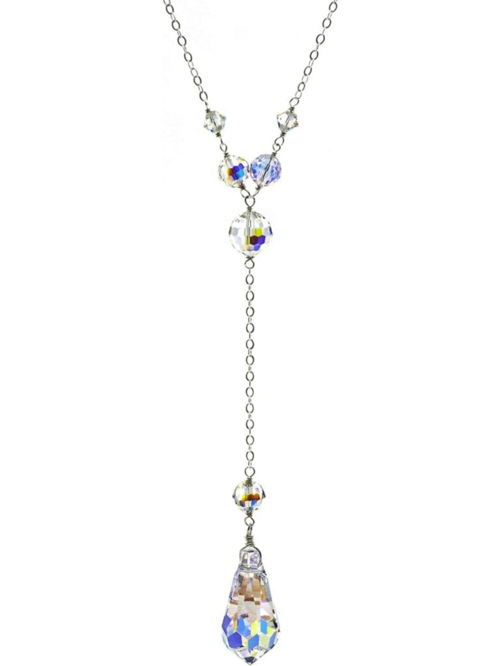 24" Sterling Silver Y-Necklace with Austrian Crystal Teardrop & Aurora Borealis
